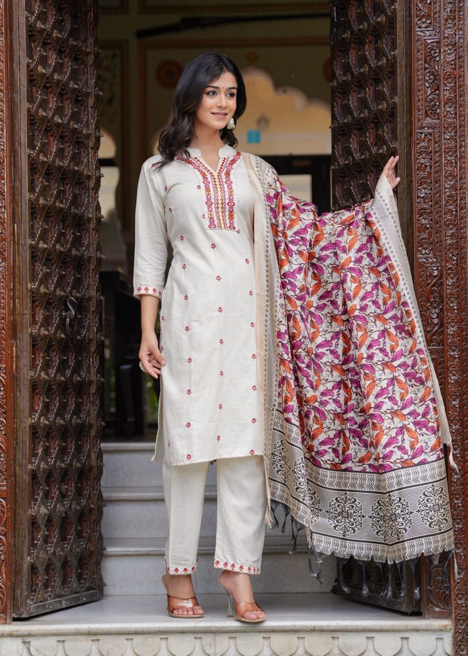 Aangan – Embroidered Cotton Suit Set with Printed Dupatta
