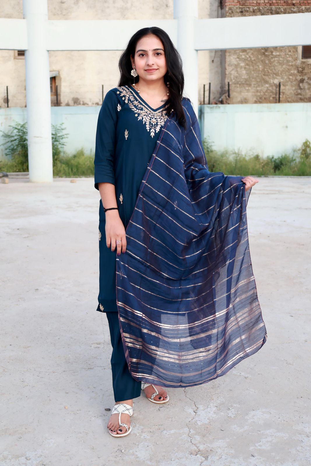 Vaidehi – Royal Navy Blue Embroidered Kurta Set with Dupatta