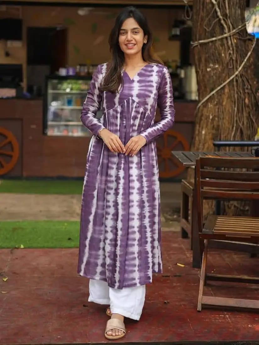 Diva Purple Tie-Dye Cotton Kurti with White Palazzo Set