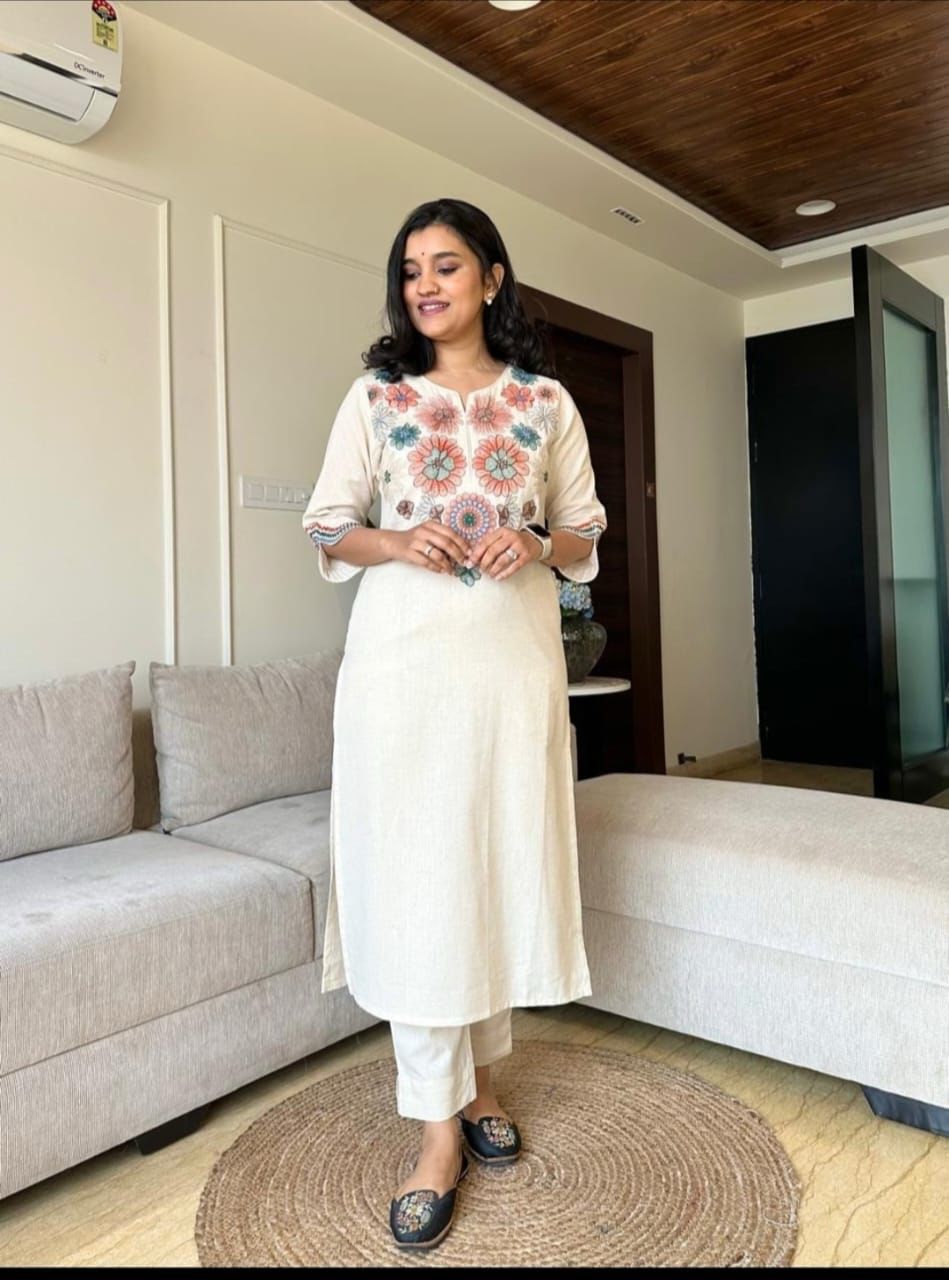 “Cream Floral Embroidered Cotton Kurta & Pants Set – Elegant Festive Ethnic Wear”