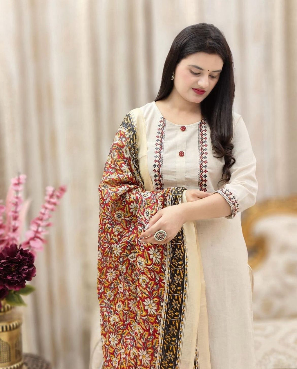 "Beige Floral Embroidered suit set with Traditional Dupatta – Festive Ethnic Wear"