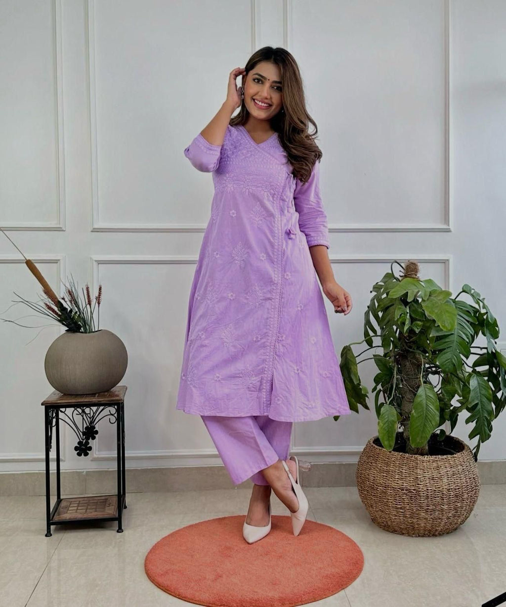 saanjh Lavender Cotton Embroidered Kurti Set with Pants