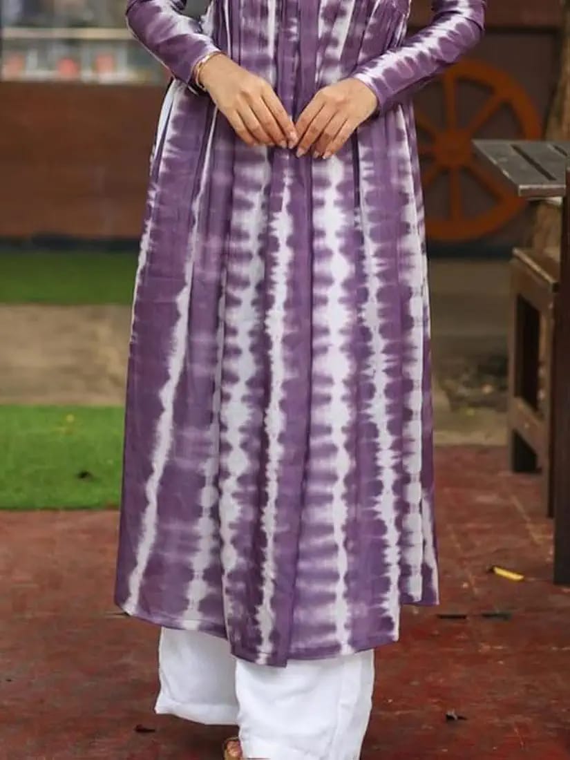 Diva Purple Tie-Dye Cotton Kurti with White Palazzo Set