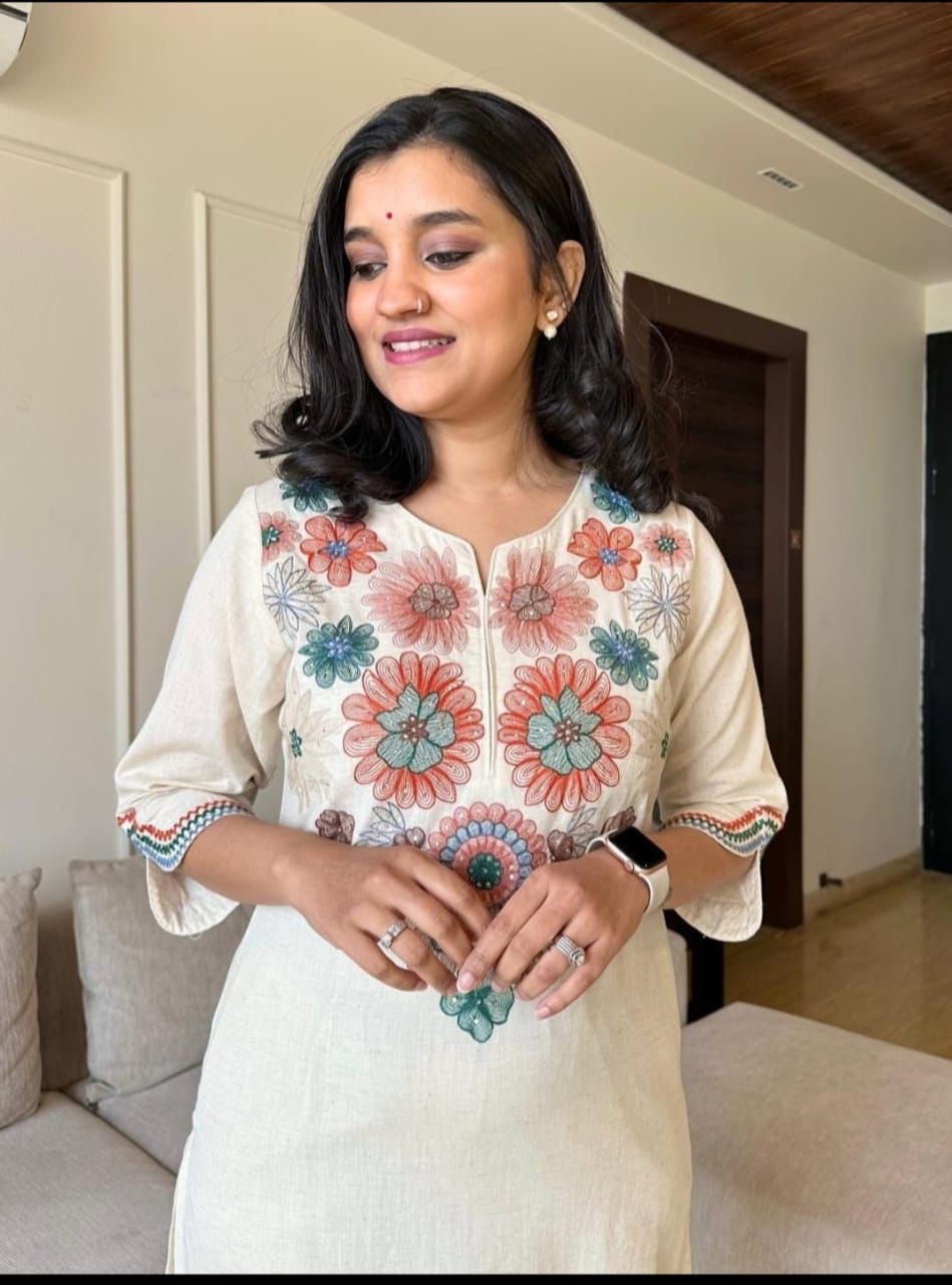 “Cream Floral Embroidered Cotton Kurta & Pants Set – Elegant Festive Ethnic Wear”