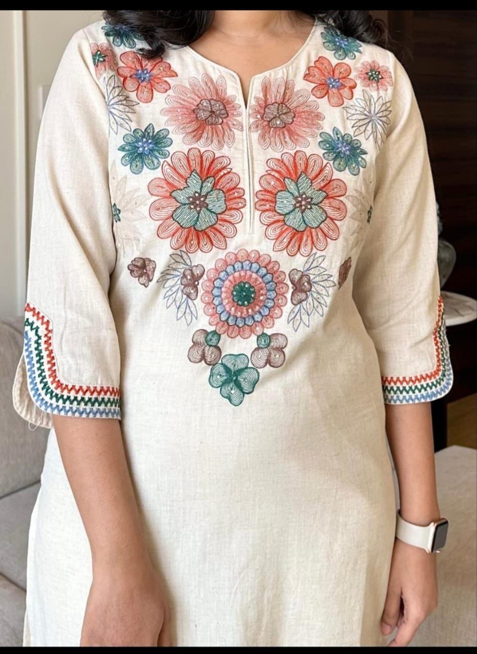 “Cream Floral Embroidered Cotton Kurta & Pants Set – Elegant Festive Ethnic Wear”