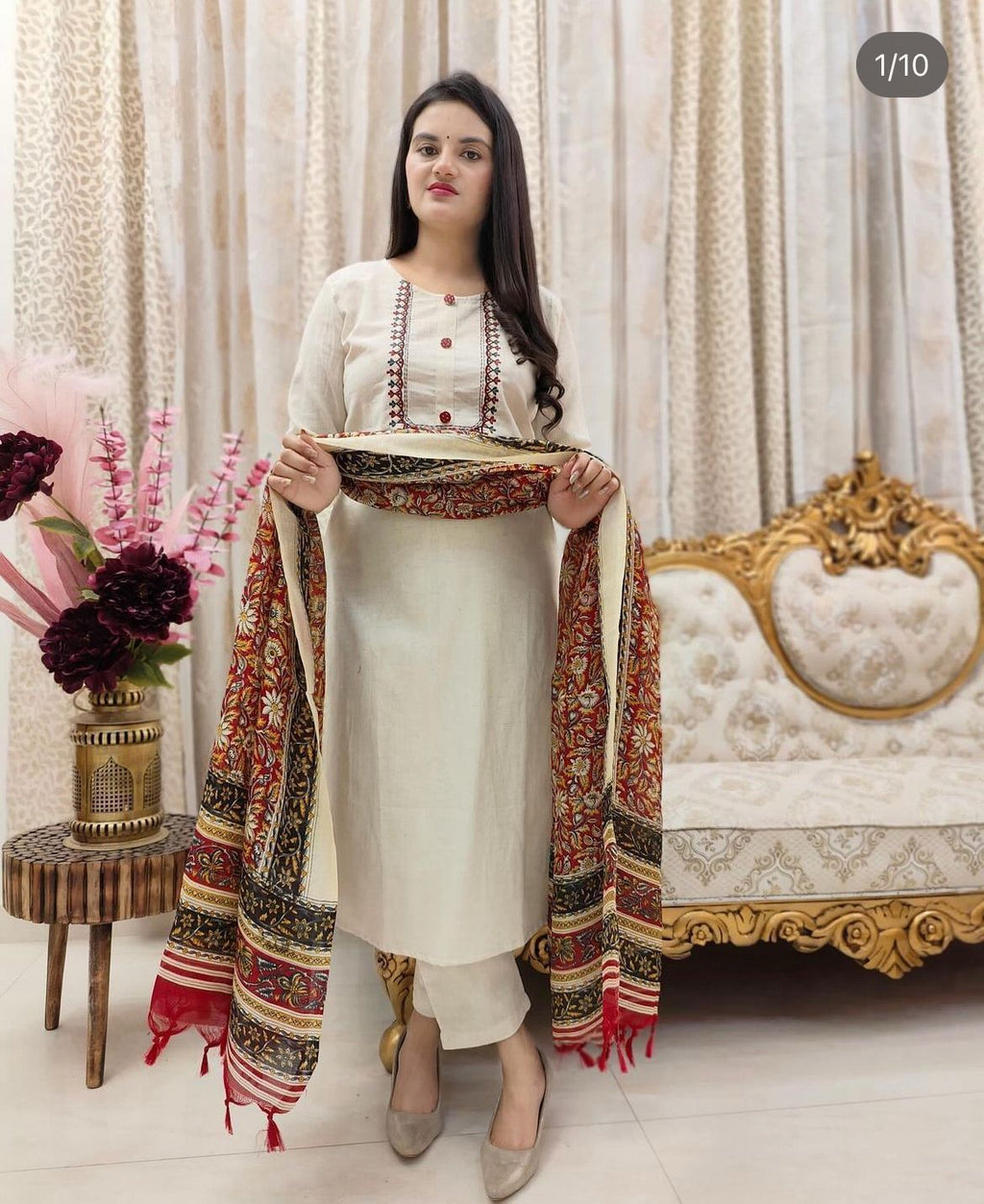"Beige Floral Embroidered suit set with Traditional Dupatta – Festive Ethnic Wear"