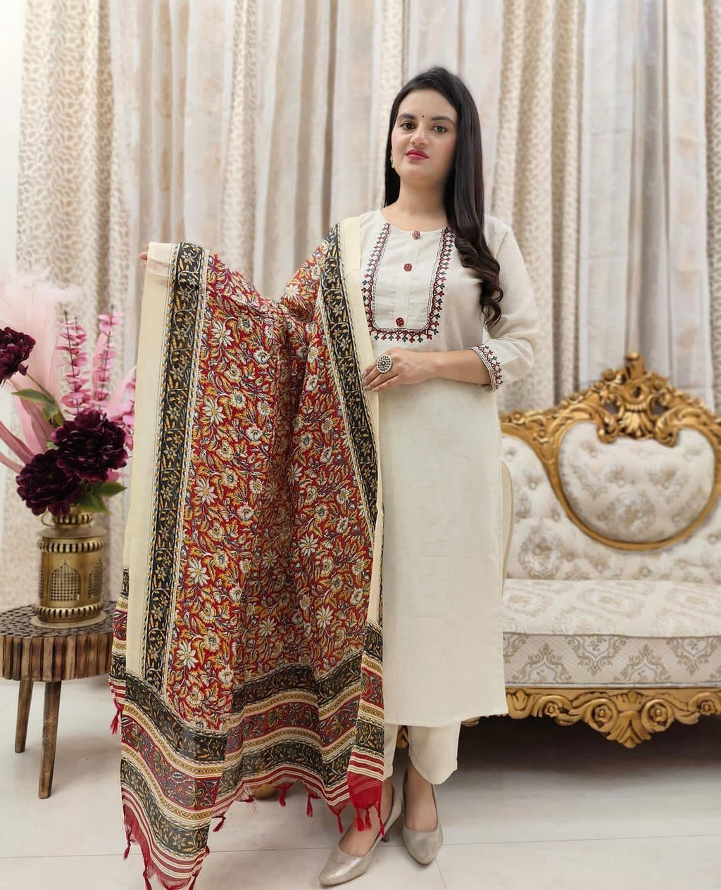 "Beige Floral Embroidered suit set with Traditional Dupatta – Festive Ethnic Wear"