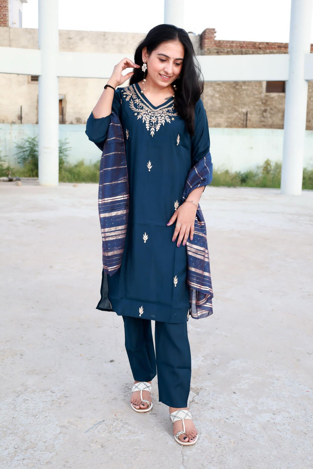 Vaidehi – Royal Navy Blue Embroidered Kurta Set with Dupatta