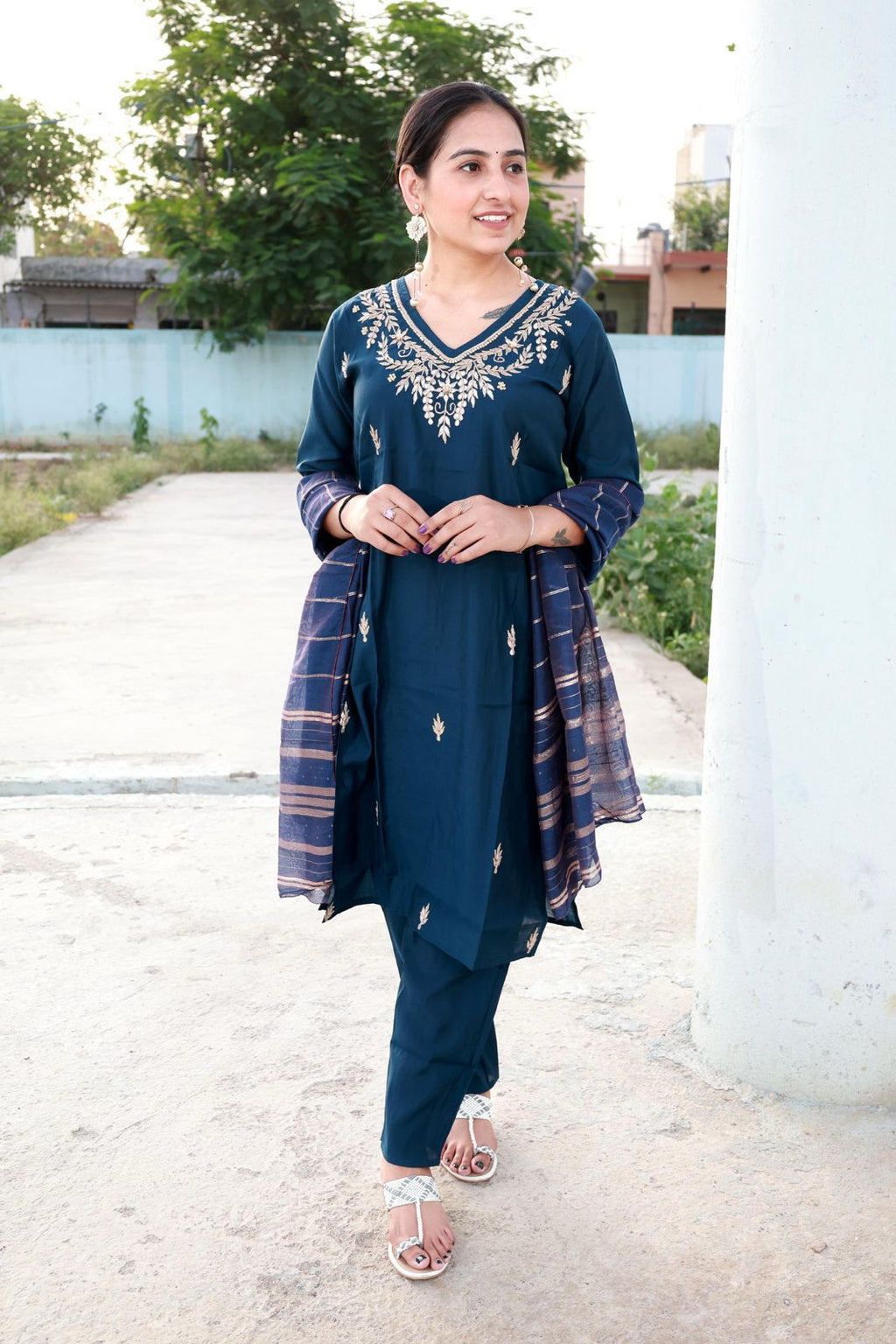 Vaidehi – Royal Navy Blue Embroidered Kurta Set with Dupatta