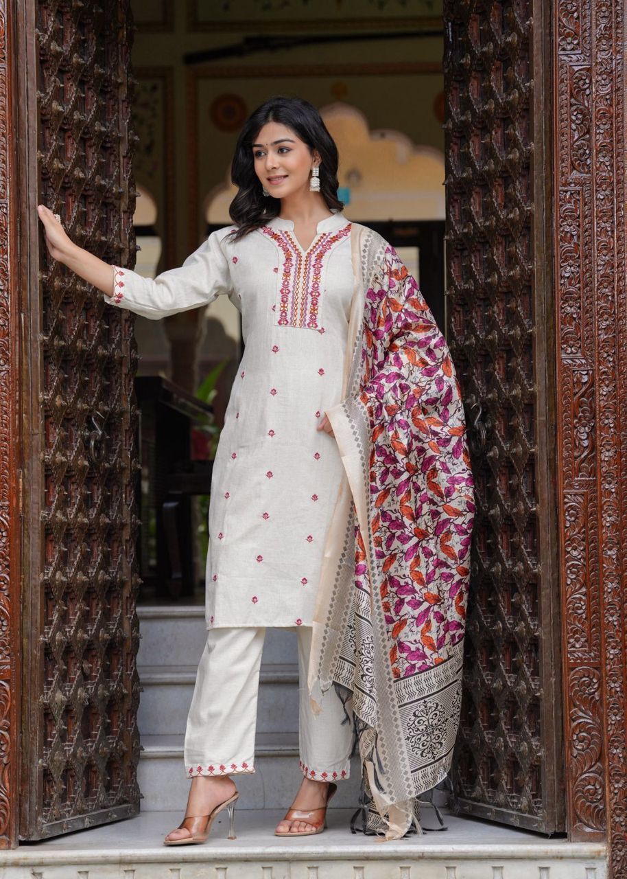 Aangan – Embroidered Cotton Suit Set with Printed Dupatta