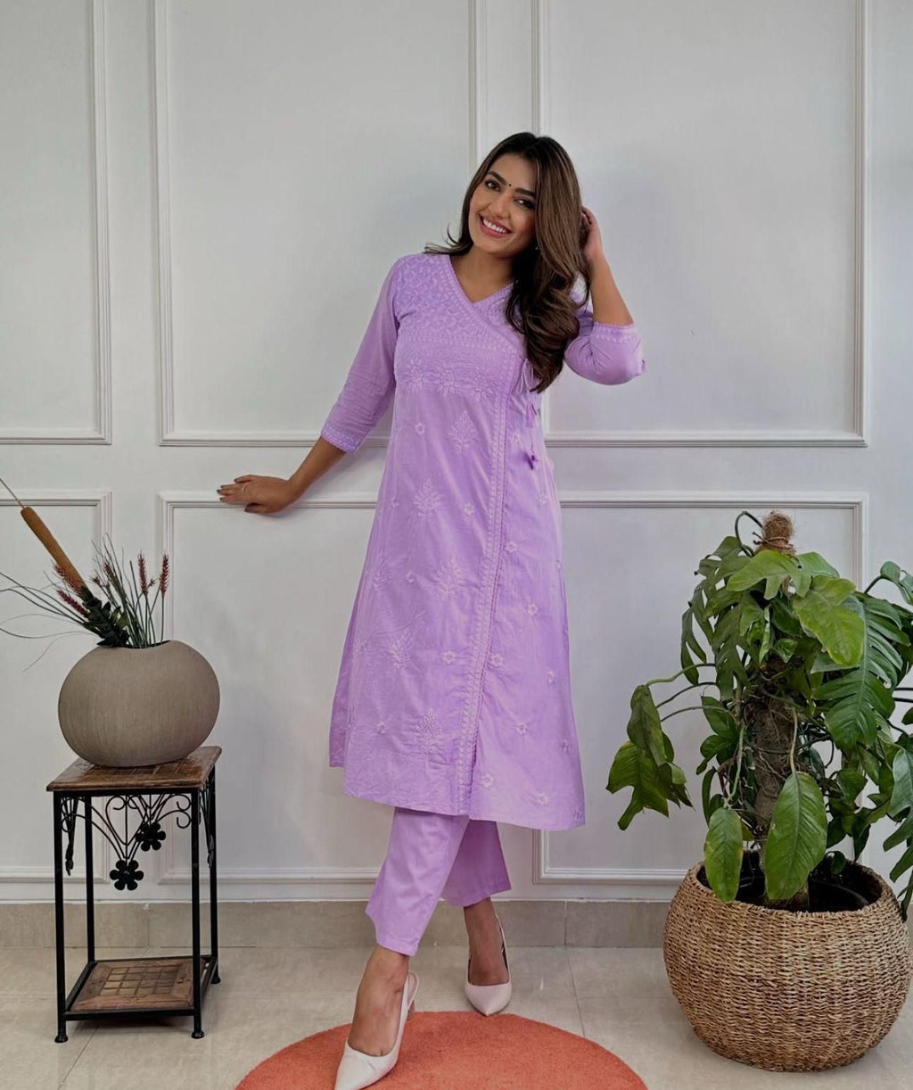 saanjh Lavender Cotton Embroidered Kurti Set with Pants