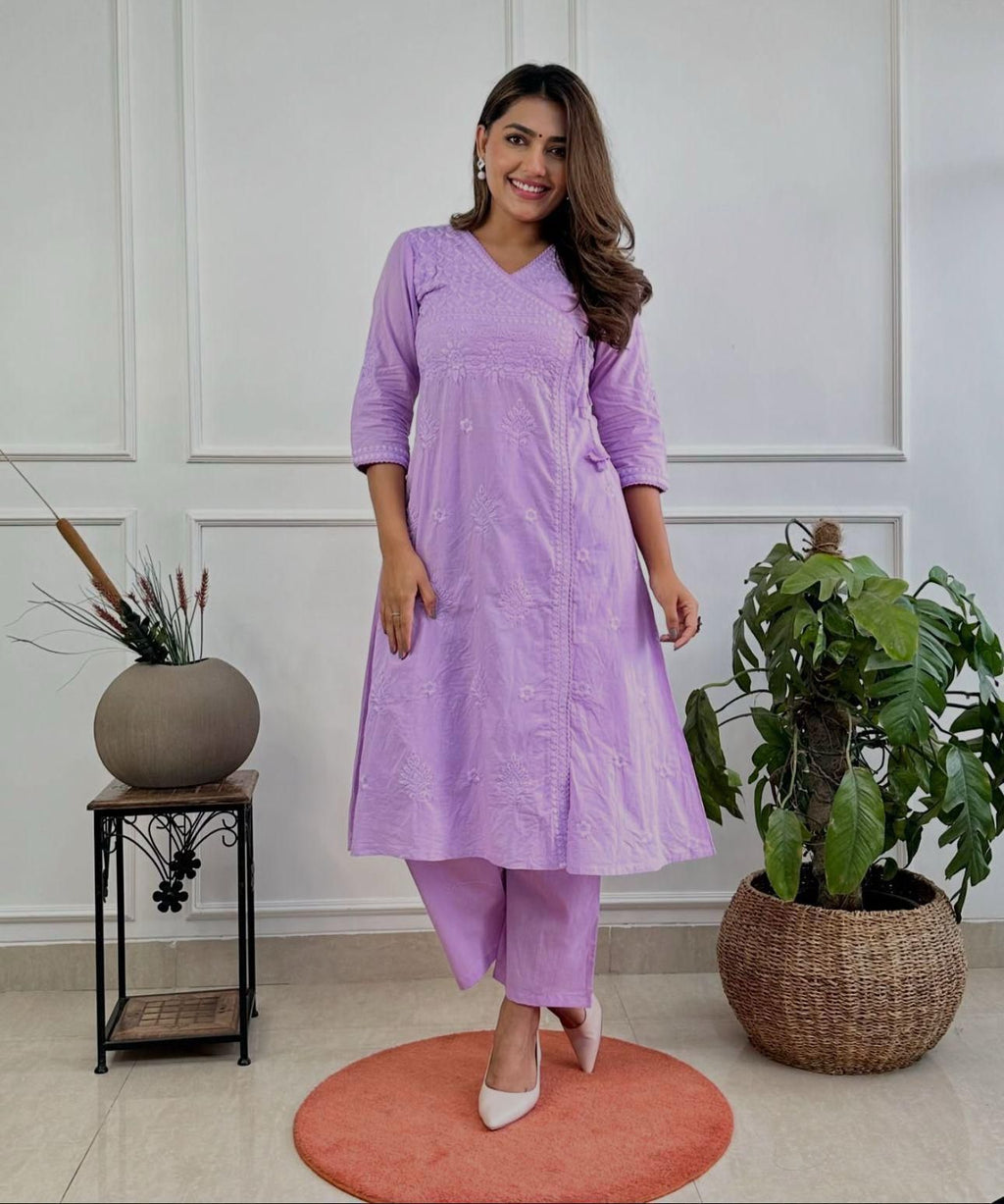saanjh Lavender Cotton Embroidered Kurti Set with Pants